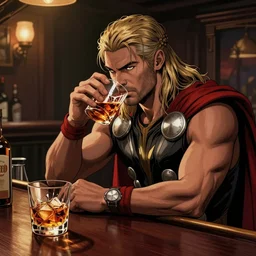 lonely Thor drinking whiskey in a bar, graphic comic art style,