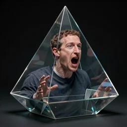 mark zuckerberg trapped in a space prism, a prison of his own making, he is screaming but no one can hear him, hyperreal, artstation