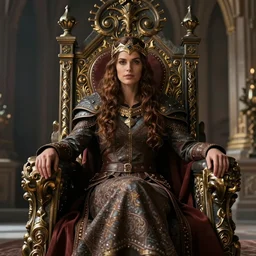 the elder scrolls vi, charismatic!!! regal!!! brunette female jarl, portrait, throne room, atmospheric lighting, painted, intricate, volumetric lighting, beautiful, daytime, sunny weather, slight overcast, sharp focus, deep colours, ultra detailed, by leesha hannigan, ross tran, thierry doizon, kai carpenter, ignacio fernandez rios