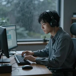 A researcher at their desk trying to find the motivation to continue, lo-fi hiphop, rain, moody, trending on artstation, 4k