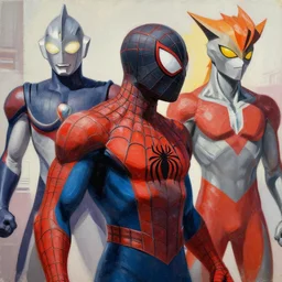 greg manchess portrait painting of armored spiderman ultraman grey fox from metal gear cyborg gay japanese - american hybrid as overwatch character, medium shot, asymmetrical, profile picture, organic painting, sunny day, matte painting, bold shapes, hard edges, street art, trending on artstation, by huang guangjian and ail elvgren and sachin teng