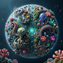 intricate alien ecosystem on a rocky planet, an underwater made out of little vegetation and crystals, a lot of neon coral reefs all around the place. concept art, intricate details, highly detailed, photorealistic, octane render