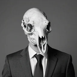 A black and white photo of a man in a business suit with a bird skull for a head, detailed, realistic