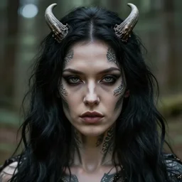 close up face portrait photo of a beautiful aesthetic gorgeous tough looking woman with pale skin, black long wavy hair and coal viking face tattoos and antlers in the forest. dof. bokeh. by artgerm and greg rutkowski. highly detailed 8 k. intricate. lifelike. realistic sony a 7 r iv. soft light. cinematic processing