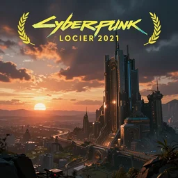 cyberpunk fantasy world with beautiful sunset