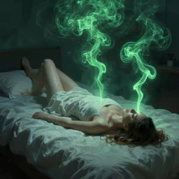 a woman floating abover her bed at night, astral projection, green smoke surreal concept art, lifelike, photorealistic, digital painting, aesthetic, smooth, sharp focus, artstation hd, artgerm and by greg rutkowski, bruce pennington, valentina remenar, rhads, asher duran,