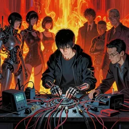 dark cyberpunk man and cyborg repair, a lot of cables around, by francis bacon, by ayami kojima, by amano, by karol bak, greg hildebrandt, by mark brooks, by alex grey, by zdzisław beksinski, by takato yamamoto, radiant colors, ultra detailed, high resolution, wrapped thermal background