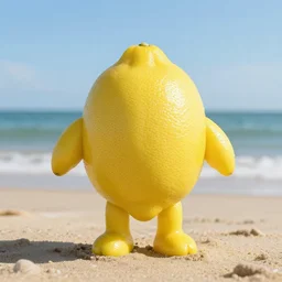 a lemon in shape of a human with legs of lemons and round body, arms of lemons, on a beach, very realistic, high quality, volumetric light