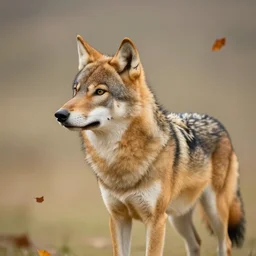 professional stylized digital art of a side profile of a tibetan wolf, tan and brown fur, fluffy, falling leaves, hd, 8 k, highly detailed, high quality, cute