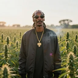 a still of Snoop Dogg wearing sunglasses standing in a large field of Marijuana plants. Shallow depth of field. Magic hour, backlit, lens flare, smoke in the air.