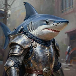 greg manchess oil matte portrait painting, anthropomorphic thresher shark knight, masterpiece, highly detailed, scifi, deep focus, elegant, digital painting, street art, trending artstation, sharp focus, shading, dramatic illumination, ultra realistic, 4 k, art by greg rutkowski wlop rossdraws