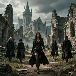 a badass rogue walking through the eldritch ruins of a medieval town, photorealistic movie still by michael komarck, greg rutkowski, victo ngai, artgerm, willem claesz heda and j. dickenson