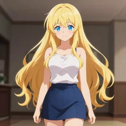 a very beautiful anime cute girl, full body, long wavy blond hair, sky blue eyes, full round face, short smile, large top, miniskirt, front view, medium shot, mid-shot, highly detailed, cinematic wallpaper by Stanley Artgerm Lau