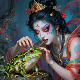 scary godlike colorful fairy killing a frog , petite , upper body , epic , traditional makeup , gorgeous features , Post-processing , low angle , Greg rutkowski legendary matte painting , psychedelic , masterpiece