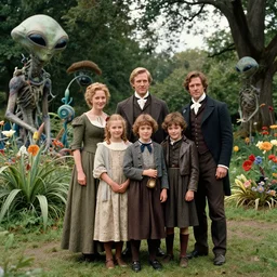 sharp, highly detailed, 36864k film, 175000mm film still from a sci fi blockbuster color movie made in 2019, set in 1860, of a family standing in a park, next to some strange alien plants and flowers, on an alien planet, the family are all wearing 1860s era clothes, good lighting, enhanced faces, 7000mm f/1.4L lens