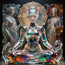 vibrant ultra clear sculpture of beautiful cyborg samourai god cat's ears, meditation position by laurie greasley and ron english and alphonse mucha, cybernetics, low contrast, cinematic dramatic lighting, hyper realistic detailed intricate render, hypermaximalist, ornate, epic composition, 4 k 8 k, cryengine octane blender, sharp focus, concept art, masterpiece