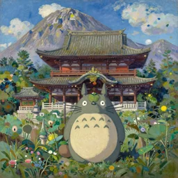 yokai in front of a japanese temple in the mountain. gorgeous epic nature, lofi, vivid colors, amazing light, by jeremy lipkin, by claude monet, heavily inspired by makoto shinkai, kandinsky touches, inspired by ghibli, masterpiece, multiple brush strokes, impressionist style