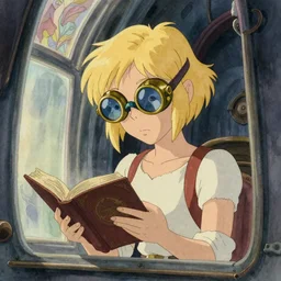 coherent, science fiction, retrofuturistic awkward lonely brilliant female blond teenage tomboy girl with short hair, wearing victorian brass goggles, reading a book, in window on nostromo, studio ghibli, pixar and disney animation, sharp, disney concept art watercolor illustration by mandy jurgens and alphonse mucha and alena aenami, pastel color palette, dramatic lighting, highly detailed