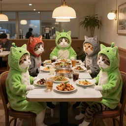 long table big family style diner in the artistic style of surreal cat in the cat iconography but replace cat with little green aliens wearing cat costumes fanart highly detailed