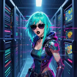 an angelic hacker with turquoise hair in vast cyberspace glitching through a vulnerable server, wearing sunglasses and black lipstick and a black choker, futuristic clothes, vibrant colors, rule of thirds, spotlight, drips of paint, expressive, passionate, by greg rutkowski, by jeremy mann, by francoise nielly, by van gogh, digital painting