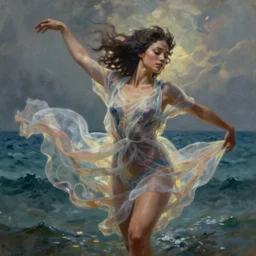 painting of a beautiful woman with her translucent dress blowing in the wind while she dances in the ocean, wide hips, highly detailed face, by kilian eng, surreal, dramatic lighting