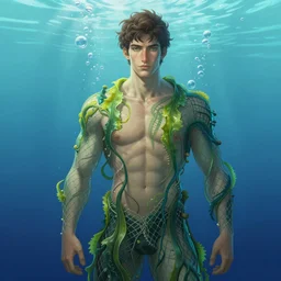 full figure portrait of a single beautiful young fit male fish - man, covered in fluent clothes made of seaweeds and nets, by greg rutkowski and alphonse mucha, d & d character, gradient cyan to blue, underwater bubbles background, highly detailed portrait, digital painting, artstation, concept art, smooth, sharp focus ilustration, artstation hq