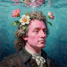 Caspar David Friedrich, award winning masterpiece with incredible details, Caspar David Friedrich, a surreal vaporwave vaporwave vaporwave vaporwave vaporwave painting by Caspar David Friedrich of an old pink mannequin head with flowers growing out, sinking underwater, highly detailed Caspar David Friedrich