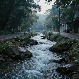 A river flowing down the stream turning into, fade to a street, road, 4k, digital art, trending on Artstation, high-resolution, dynamic lightning