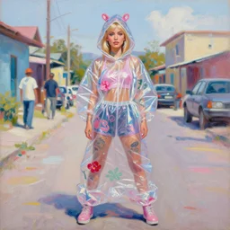 still from music video of barbie from die antwoord standing in a township street, wearing a trashbag hoodie garbage bag and flowers, street fashion, full figure portrait painting by martine johanna, ilya kuvshinov, rossdraws, pastel color palette, shiny plastic, spraypainted tattoos, detailed impasto brushwork, impressionistic, valeria lukyanova