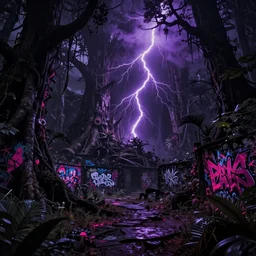 Magic jungle, digital graffiti landscape, detailed, sci-fi fantasy, surreal, main colour - black, second colours - purple, fuchsia, dark mood, creepy lightning, deep shadows, HD, 4K, cgsociety