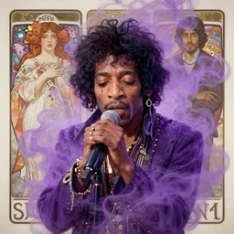 A Weirdcore Mesmerizing 8k hyperrealistic Photo Portrait jimi hendrix transforming into a purple haze, soft, sharp focus, detailed, painted by Caravaggio, Greg rutkowski, Sachin Teng, Thomas Kindkade, Alphonse Mucha, Norman Rockwell, Tom Bagshaw