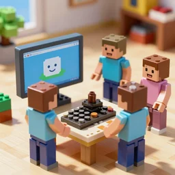35 mm photo of block figures looking like roblox figures playing with a computer in a block world, having fun in the sun, bright and fun colors