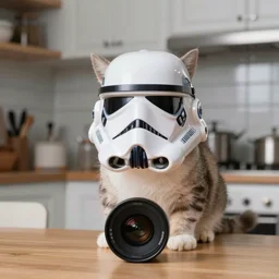 a cat wearing a stormtrooper helmet while on the kitchen table, 40nm lens, shallow depth of field, split lighting, 4k,