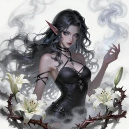 beautiful necromancer with mist and smoke magic, surrounded by thorns and lilies. wavy hair, pointy ears, black laces, attarctive face, anime key visual, highly detailed, sharp focus, concept art, league of legends, style by shumolly and monable and artgerm and greg rutkowski and zeronis and pilyeon and ruan jia