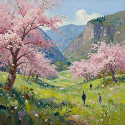 a valley with trees in flower. wind blowing petals. noon. cyberpunk feeling. full - length, oil painting in a modern style, very detailed, painted by caravaggio, greg rutkowski, sachin teng, thomas kindkade, enki bilal, tony sandoval, norman rockwell, tom bagshaw.