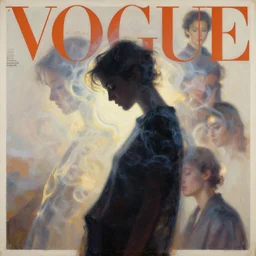 sleepy fashion model silhouette smoke, soft sun light, fuzzy iridescent glare, poster art, high detail, intricate oil painting, multiple exposure, vouge cover style, by stanley kubrick and greg rutkowski