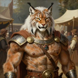 An award winning oil painting of upper body of a cool looking and happy muscular lynx beast-man with white mane and brown body fur wearing tribal armor at a bustling medieval market. Renaissance style lighting. By Yoshitaka Amano. Trending on artstation
