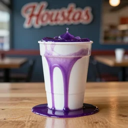 side view of a double cup styrofoam cup over flooded with purple syrup, the purple syrup is flooded around the styrofoam cup and dripping off the table, Houston Texas culture