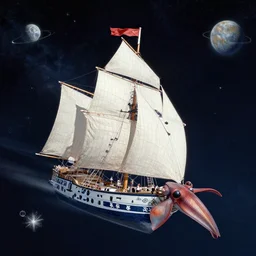 a sailing ship shaped like a squid flying through space