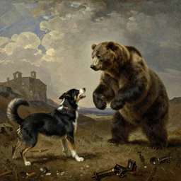 a dog fighting a grizzly bear, painted in a rembrandt style, wide shot, high contrast,