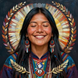 a beautiful portrait of an indigenous female shaman smiling with eyes closed feeling deep love for herself, symetrical design, designed by dr seuss and michal karcz