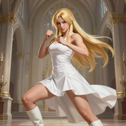 lili from tekken, portrait shot of lili rochefort from tekken with smooth face and long blonde hair in fighting pose wearing white dress and white boots with church background, intricate, elegant, highly detailed, digital painting, artstation, concept art, smooth, sharp focus, illustration, artgerm, tomasz alen kopera, peter mohrbacher, donato giancola, joseph christian leyendecker, wlop, boris vallejo