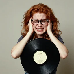 a 1980's photograph of a nerdy red headed woman with glasses holding her hands to her ears in agony crying holding a black vinyl record