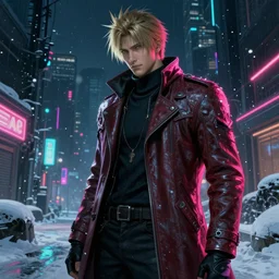 winter, attractive male, devil may cry game neon light, cyberpunk, painting by gaston bussiere, craig mullins, j. c. leyendecker