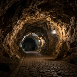 a medieval pilgrimage on a cobblestone road in a cavern deep underground, dark, lanterns