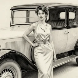 Louis Icart, a colored drawing of a woman posing in front of a 1920's car by Louis Icart, highly detailed, masterpiece