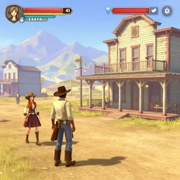 screenshot of gameplay dating simulator game set in 1 8 8 0, old west train station, featuring african american and japanese cowboys and cowgirls in ghost town with buildings painted bright pastel colors, morning light with mountains in the background