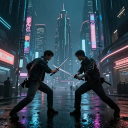 Futuristic Asian city at night with rain, Cyberpunk style. Sword fight in foreground, Neon lights, Matte paiting 3d rendering. cinematic lighting, octane render, corona render, 8k