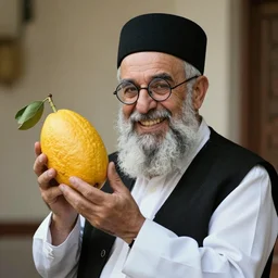 A bearded old orthodox Jew with a white shirt, black yamaka, crooked teeth and round glasses is smiling while holding a big Etrog , hyperrealistic, 8k, portrait, dynamic lighting