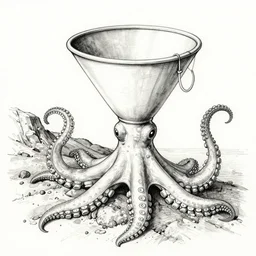 detailed ink drawing watercolored of a giant funnel that has arms of a cephalopod, it was found in the fjords on the slopes of mount generous but also in the arctic ocean, hence the name similar to an ikea coffee table, it fed on small pelagic prey, the gratacuchtyos,